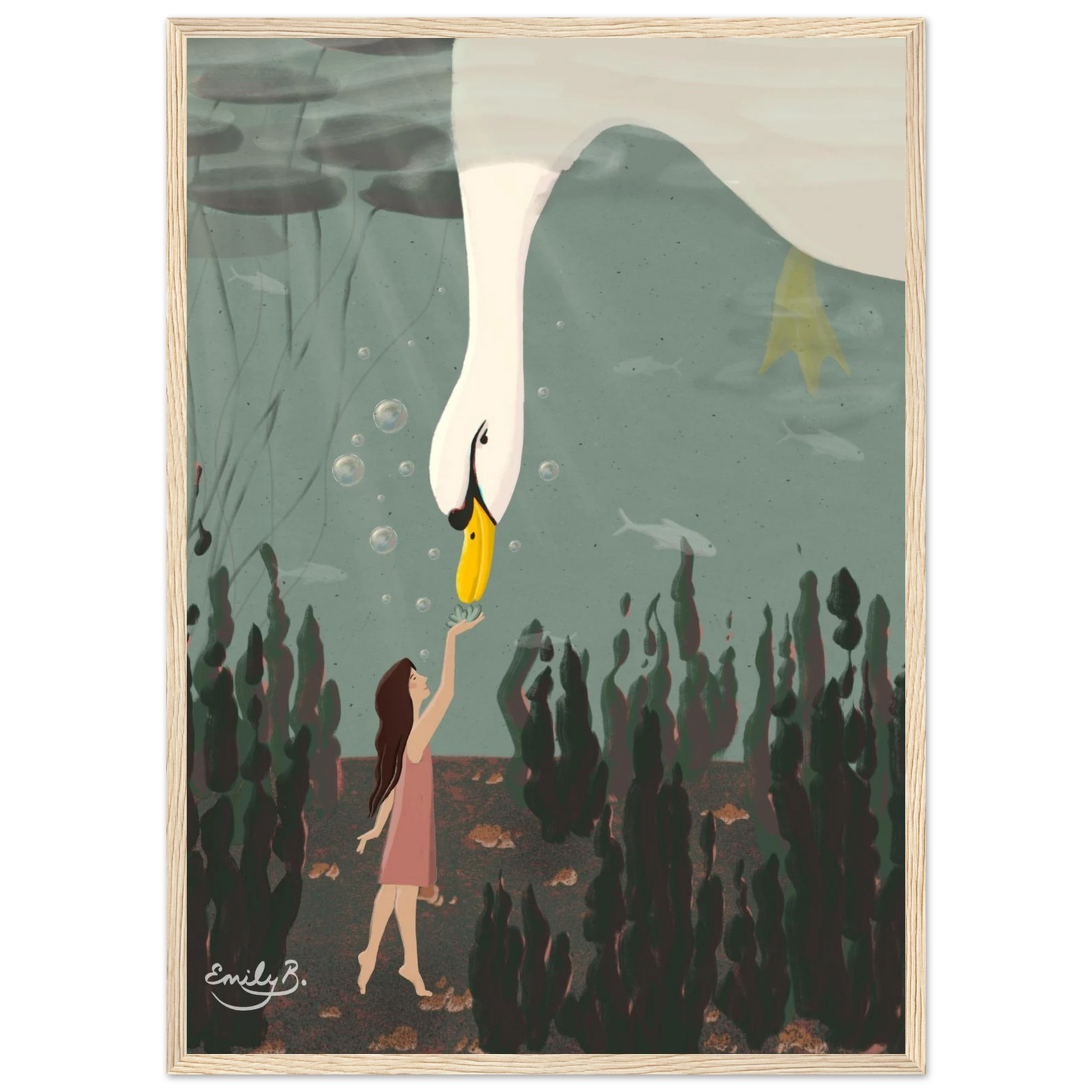 Framed whimsical illustration print capturing magical underwater interaction