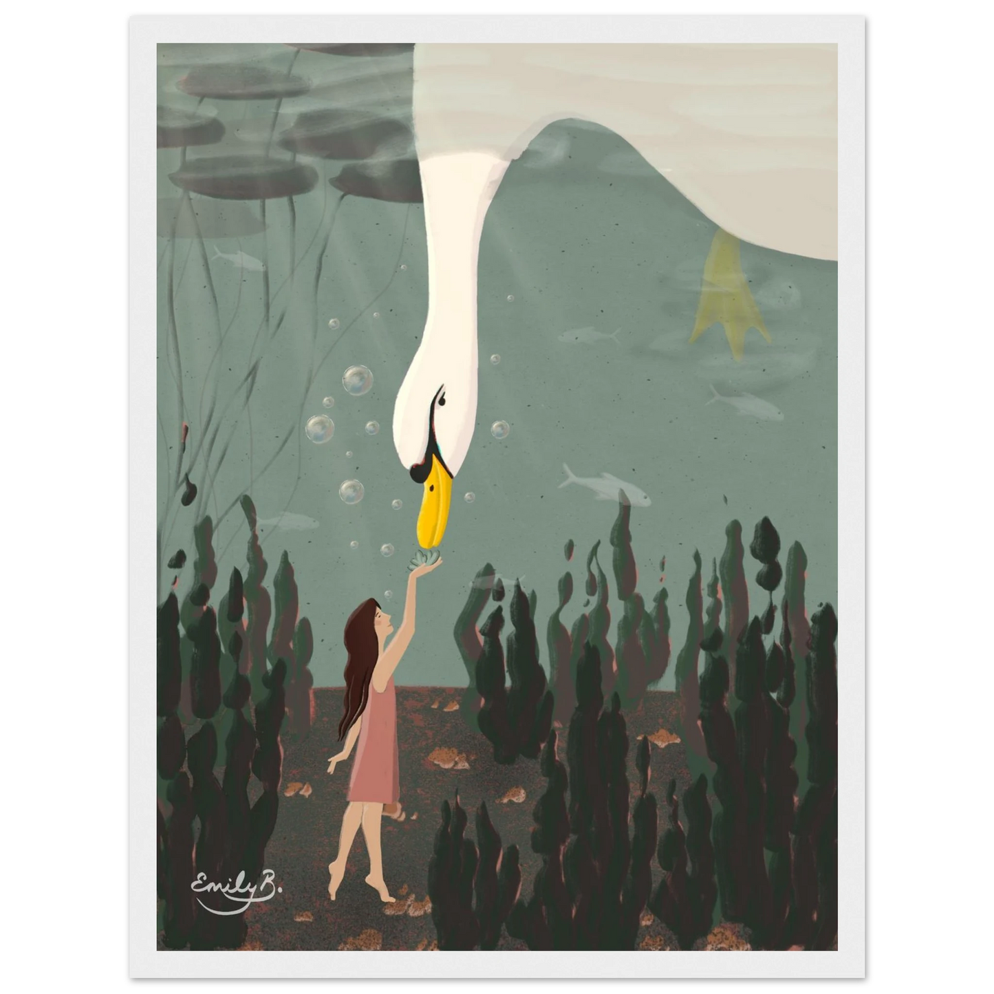 Story-inspired framed wall art of swan and young girl underwater