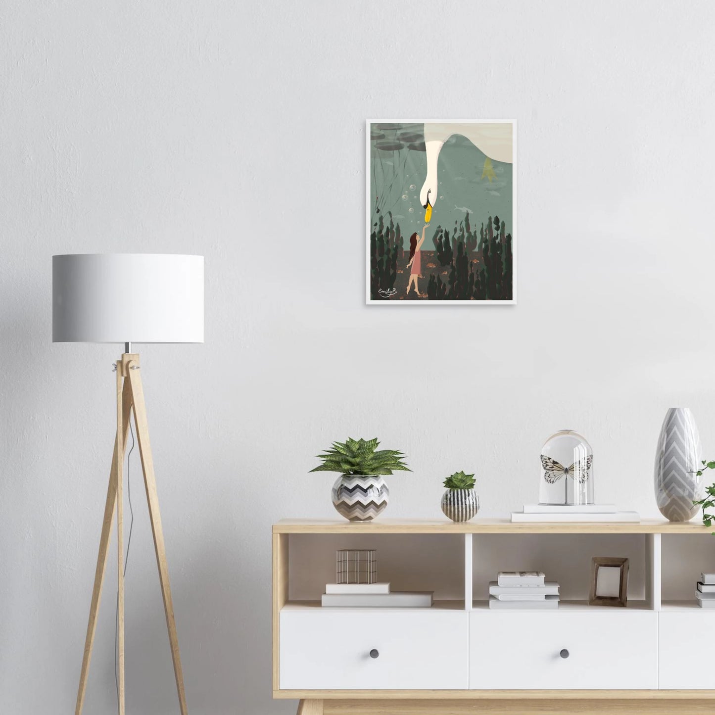 Framed wall art print with dreamlike underwater scene in natural greens and blush