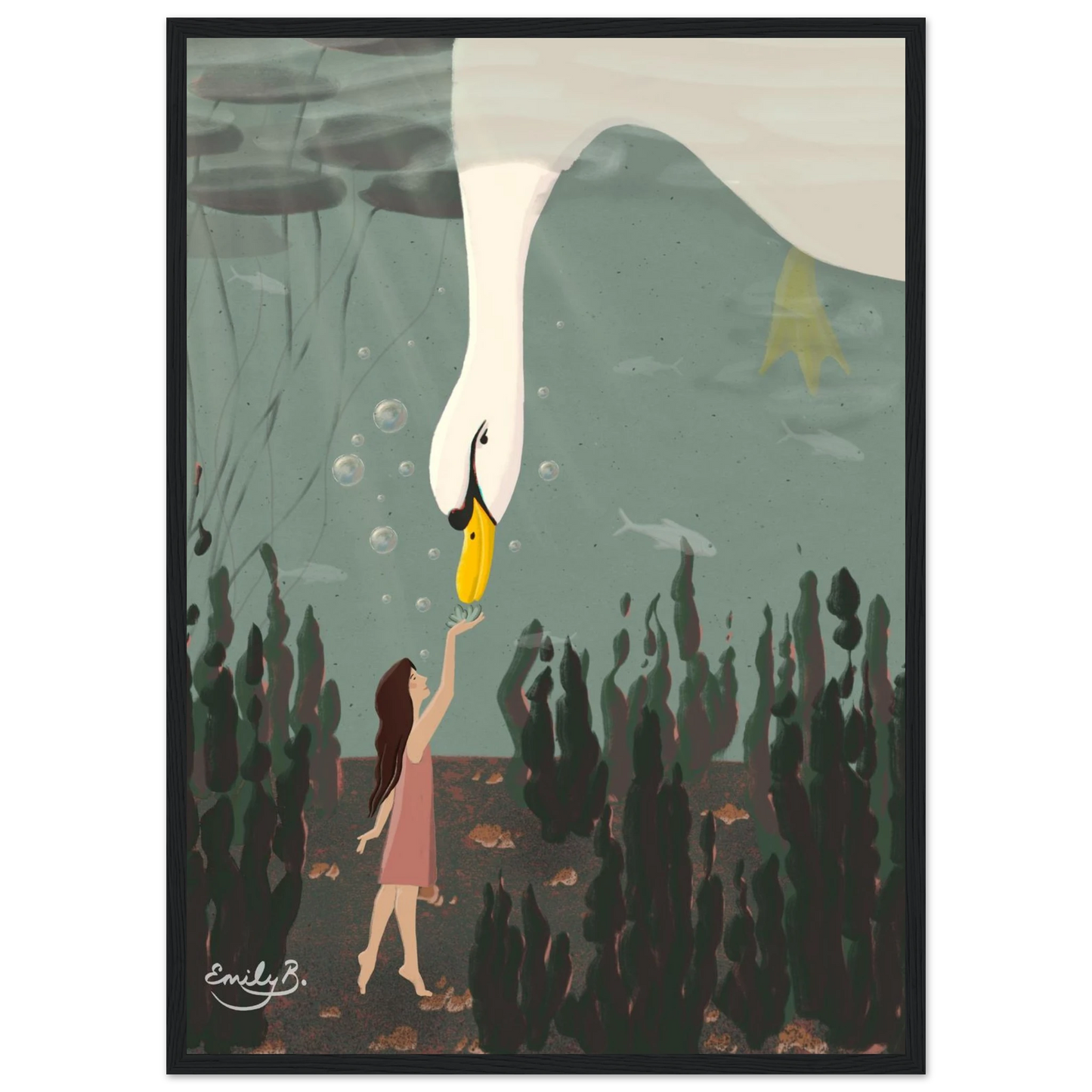 Swan Underwater animal illustration framed wall art in soft blush, green, and neutral tones