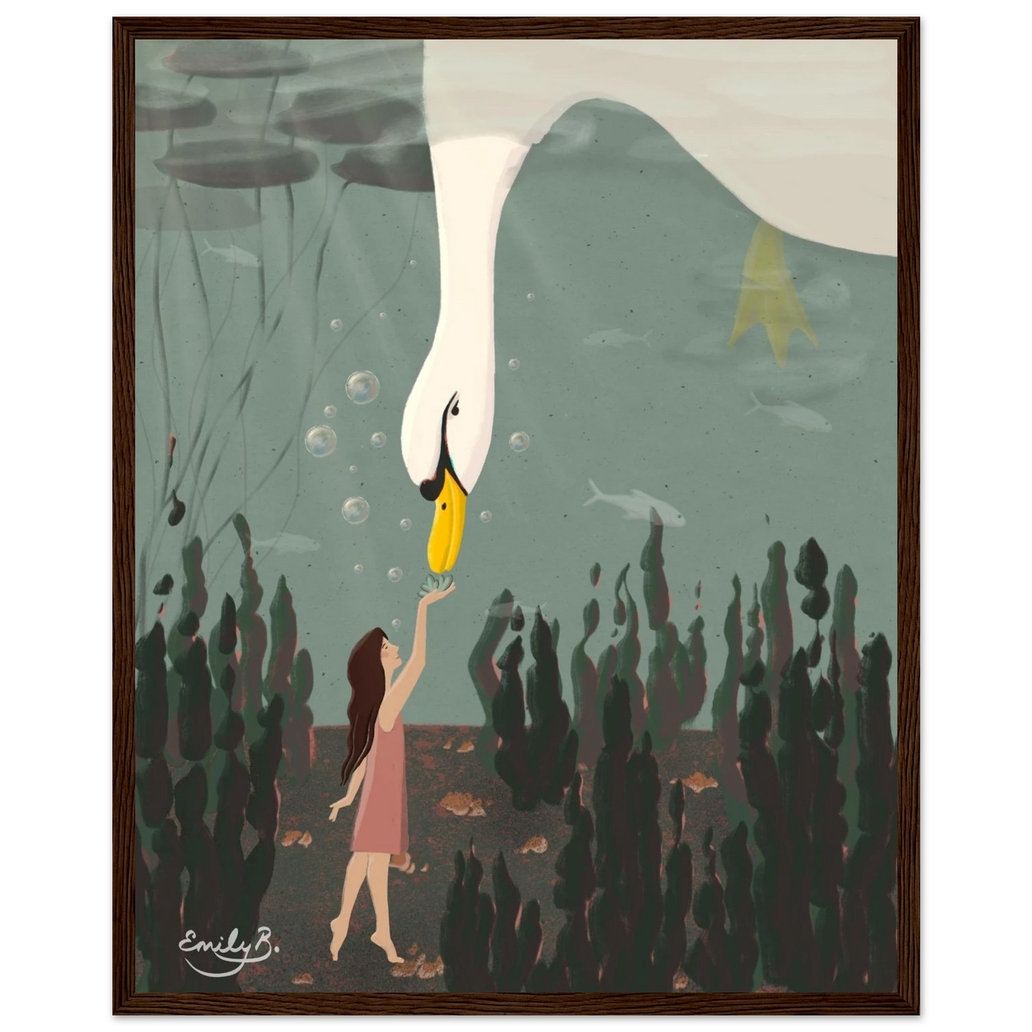 Story-rich framed art print featuring a dreamlike swan and girl underwater
