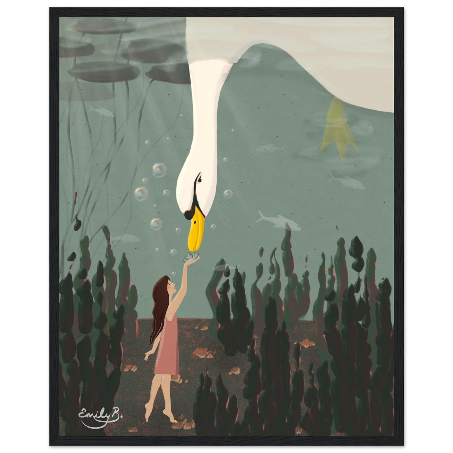Framed illustration print capturing surreal underwater moment between swan and girl
