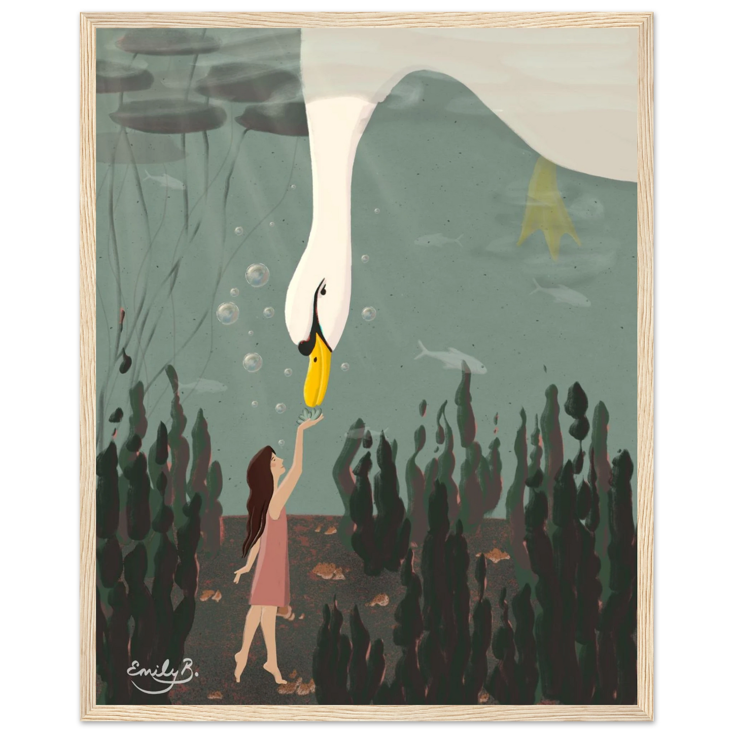 Dreamlike framed wall art showing swan dipping beneath water to meet a young girl