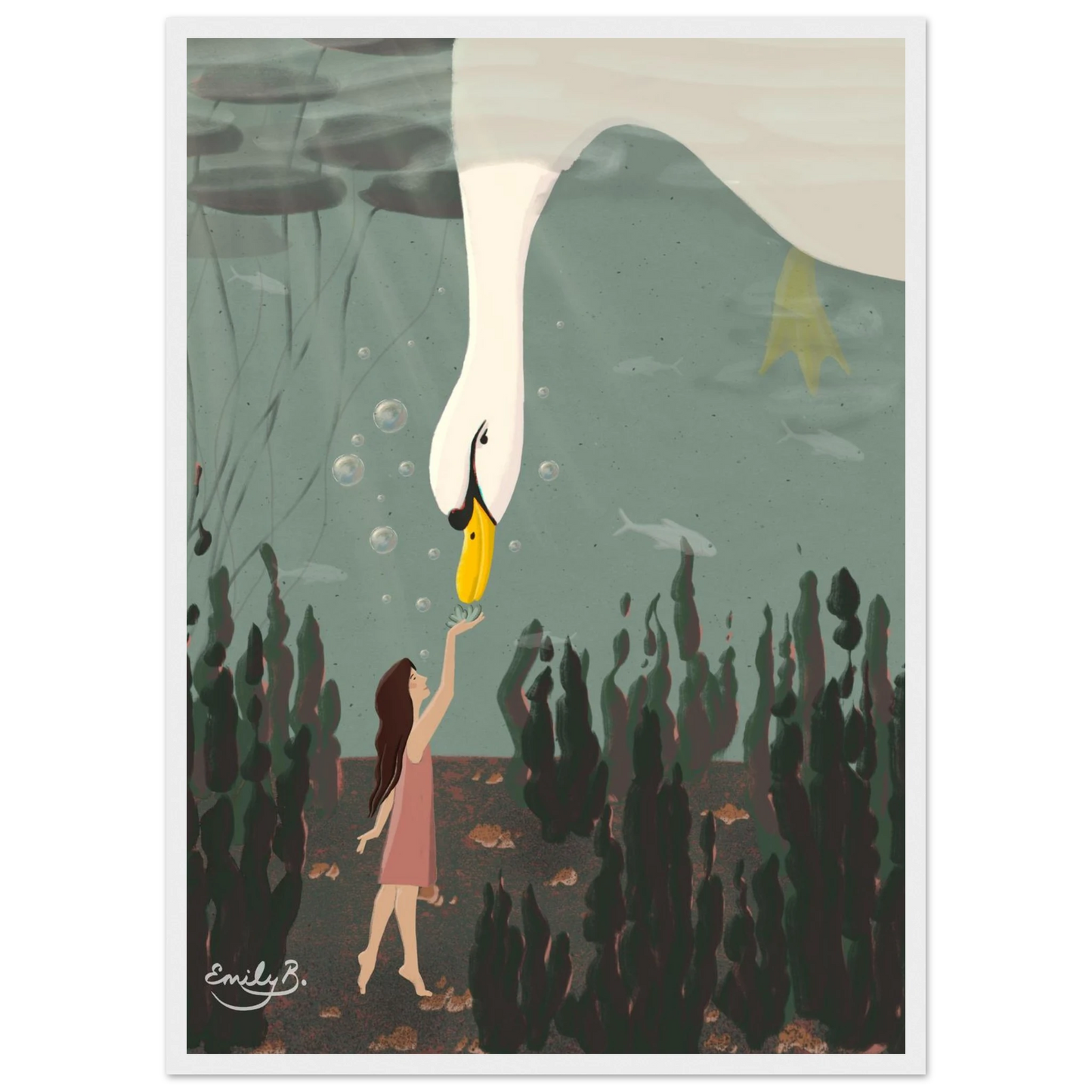 Framed animal illustration print in muted greens and blush tones from Kindred Creatures