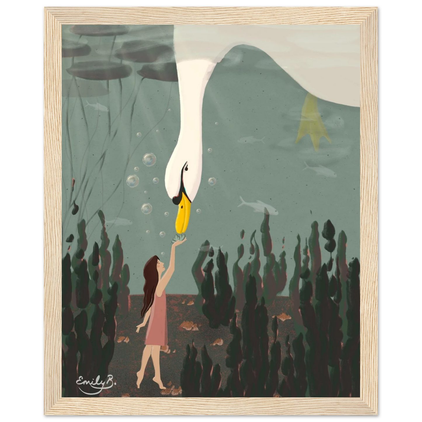 Whimsical framed art print featuring connection and curiosity under water