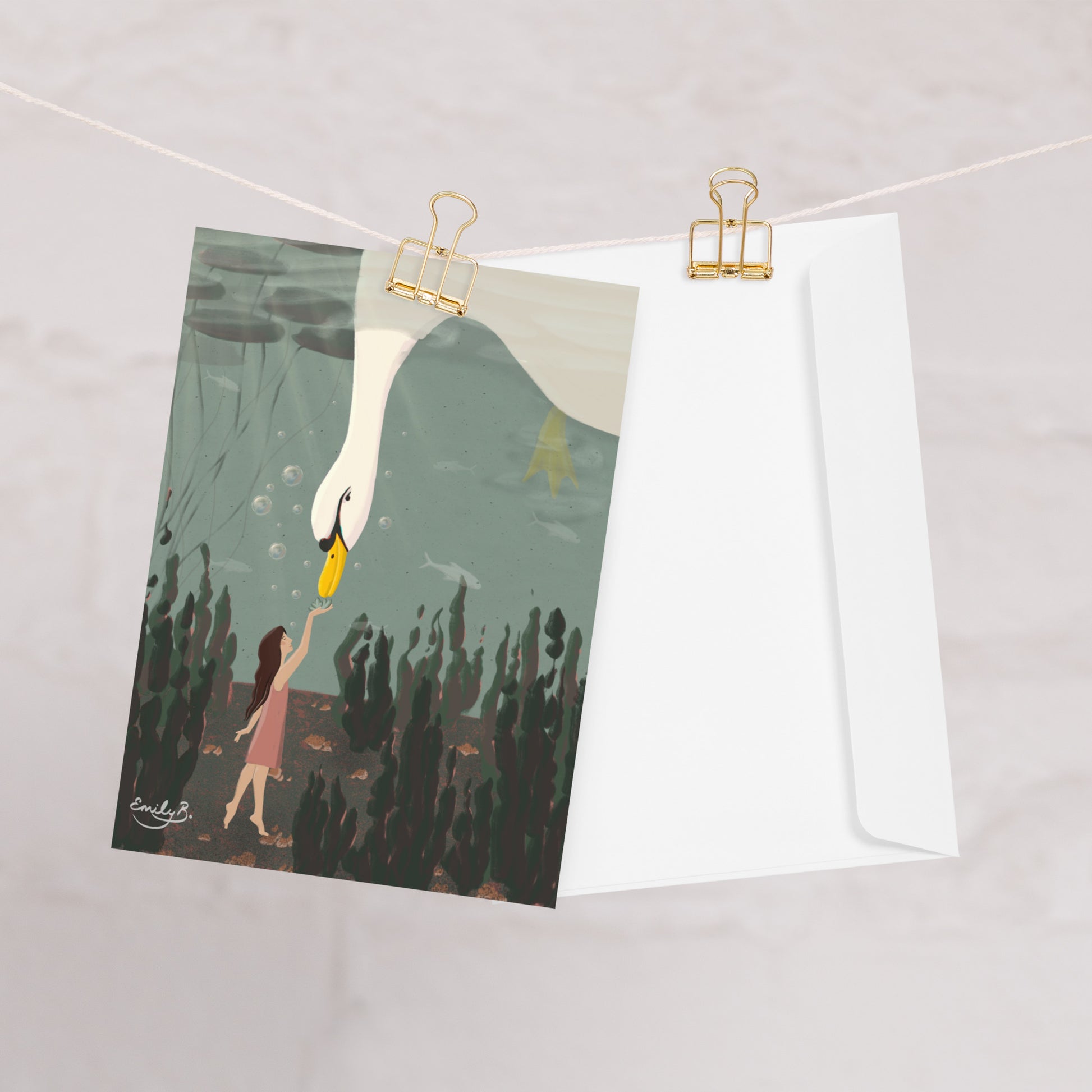 Swan Underwater illustrated card shown with envelope