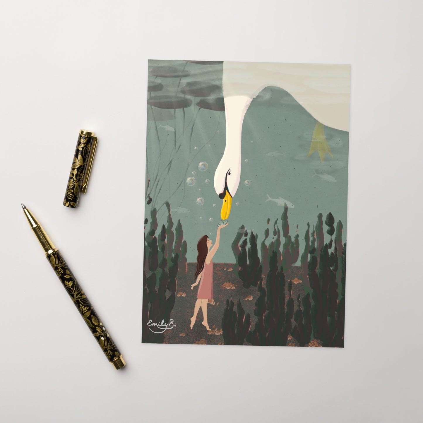 Dreamlike swan illustration card with soft green and blush tones