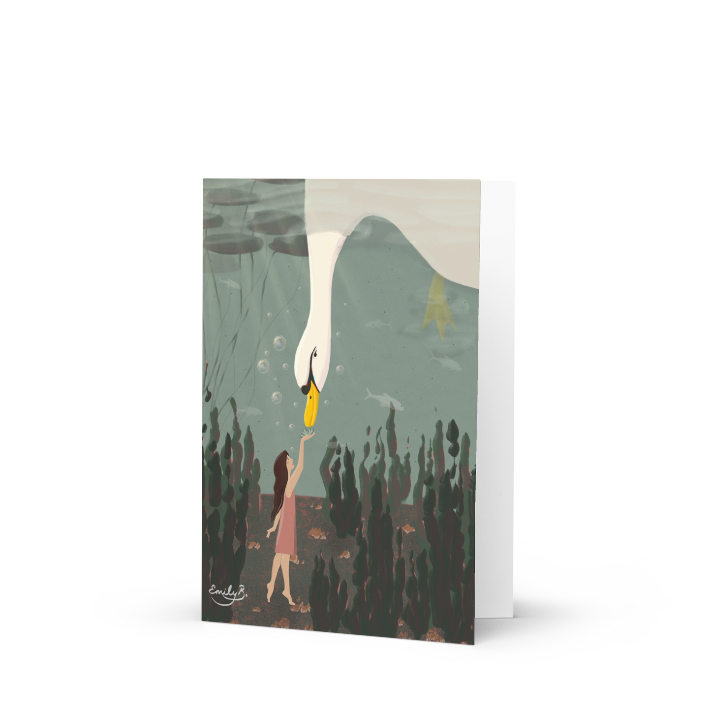 Artistic animal illustration greeting card with underwater swan scene