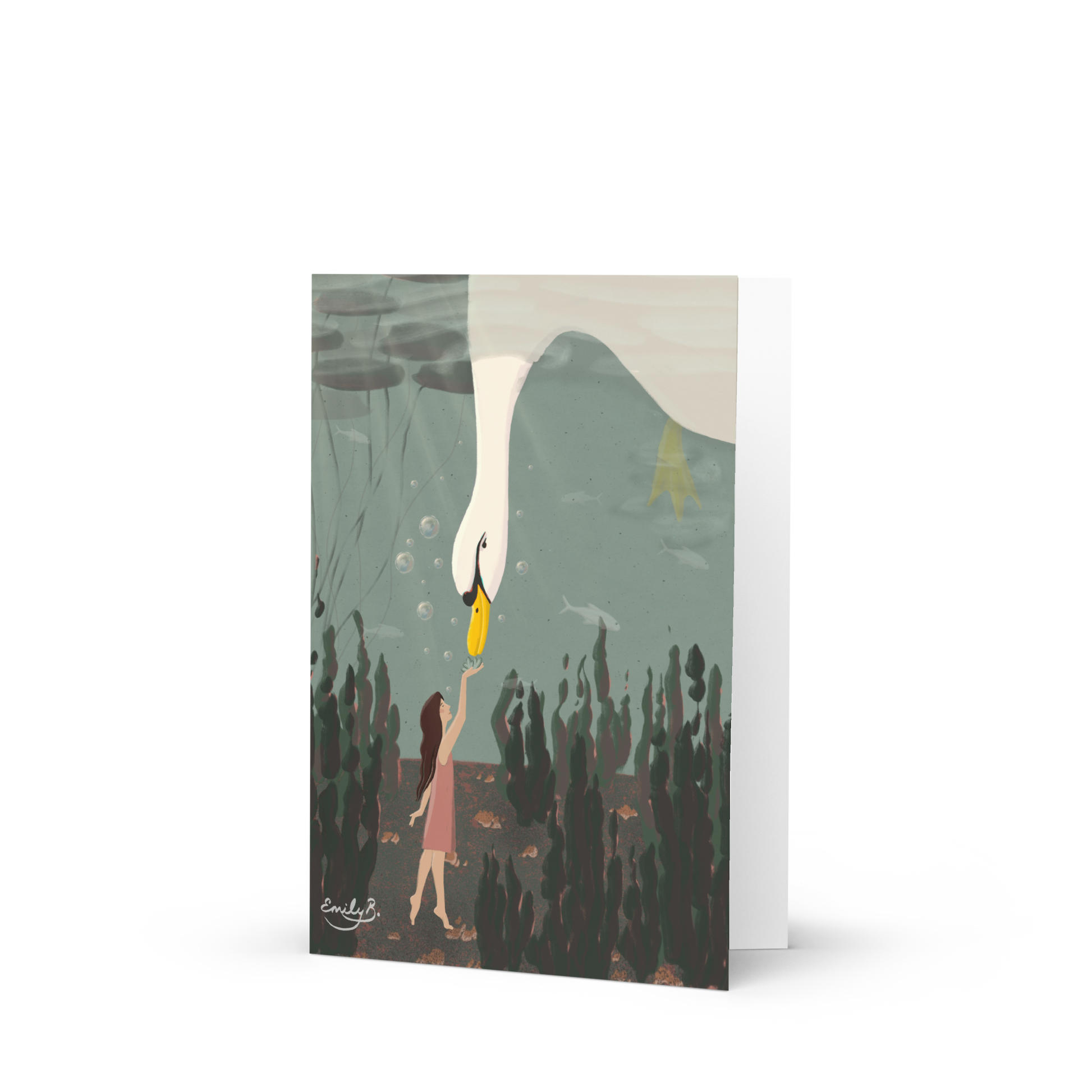 Artistic animal illustration greeting card with underwater swan scene