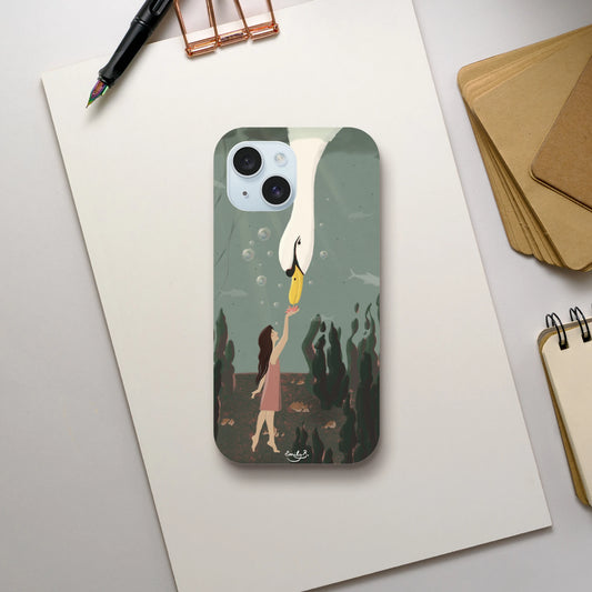 Illustrated phone case featuring swan underwater scene