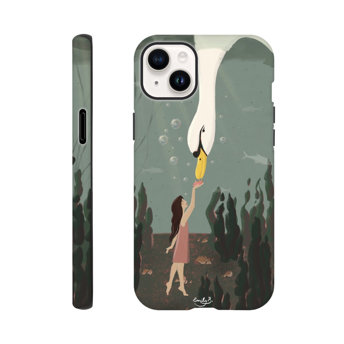 iPhone tough case featuring surreal swan underwater art