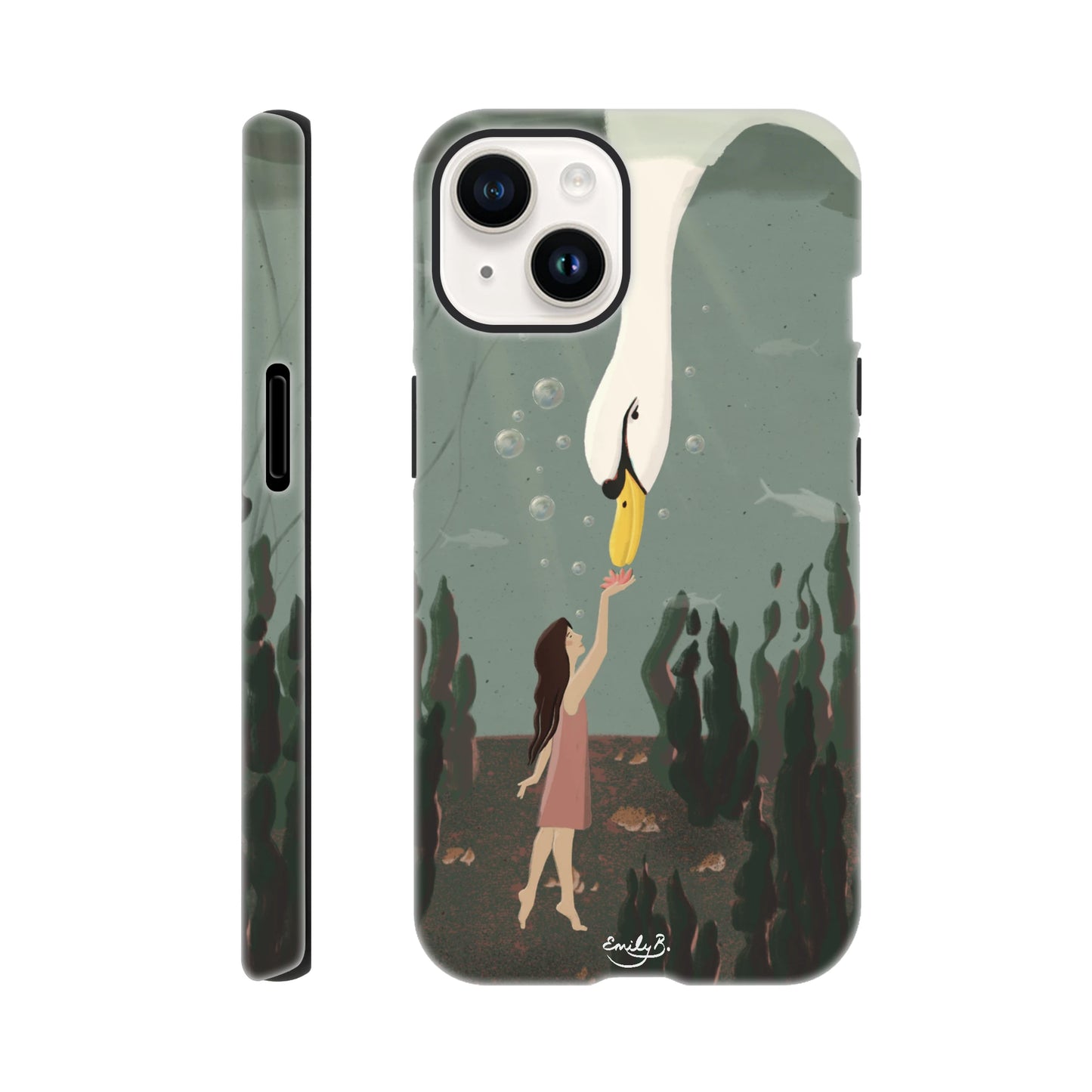 Close up of illustrated swan artwork on iPhone case