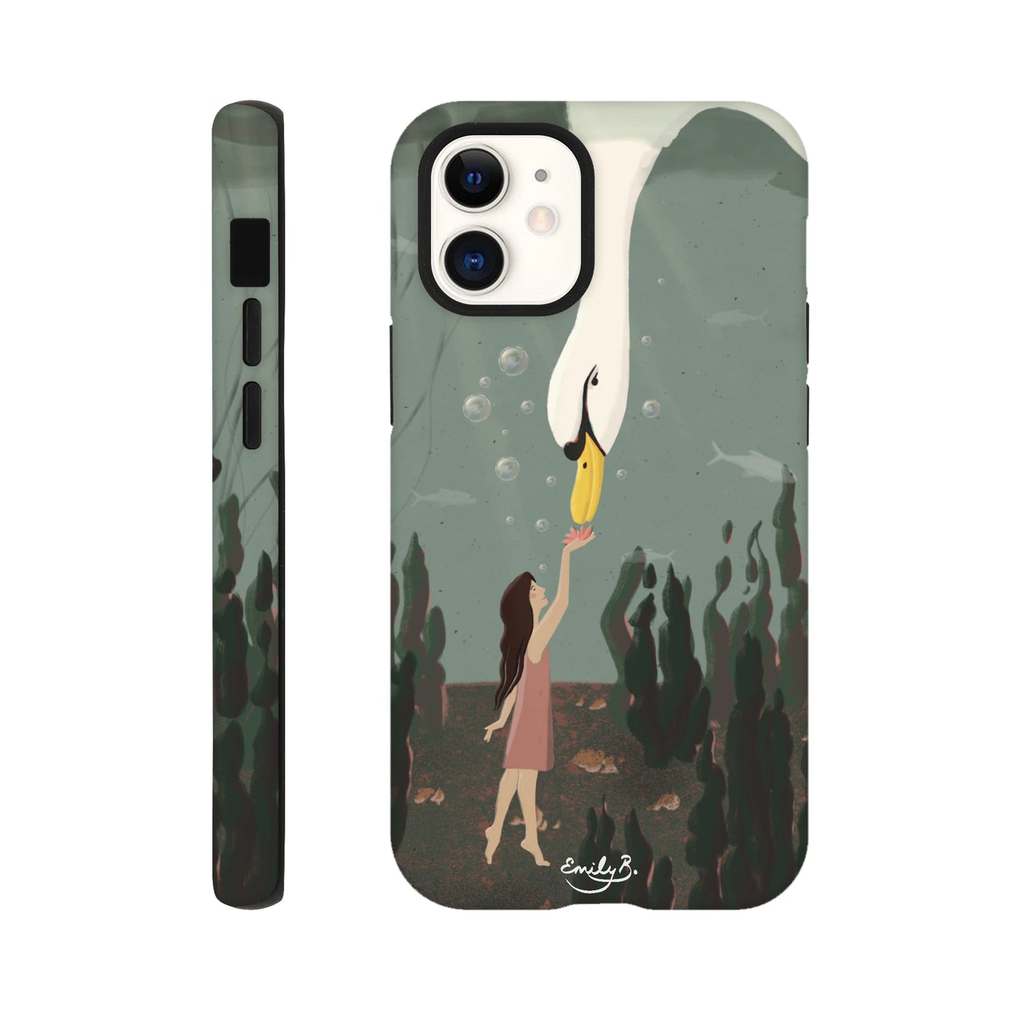 Swan and girl underwater illustration iPhone case