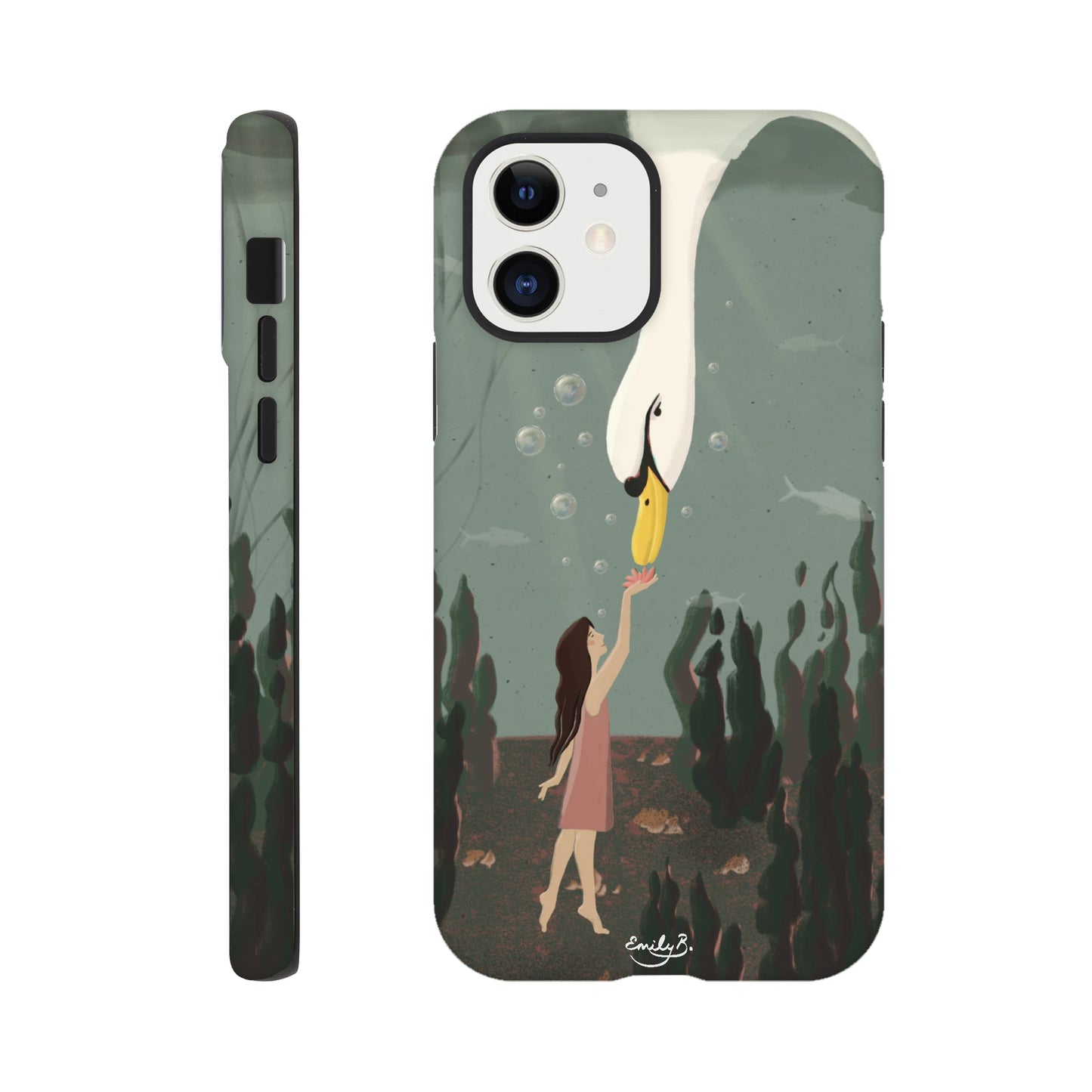 Illustrated iPhone case with swan dipping beneath water