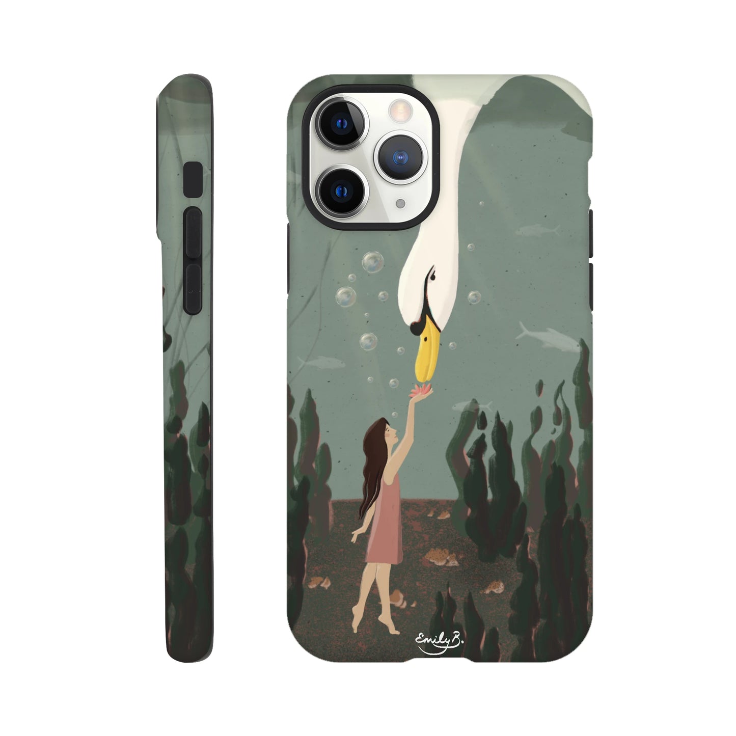 Swan illustration phone case with bold pink dress detail