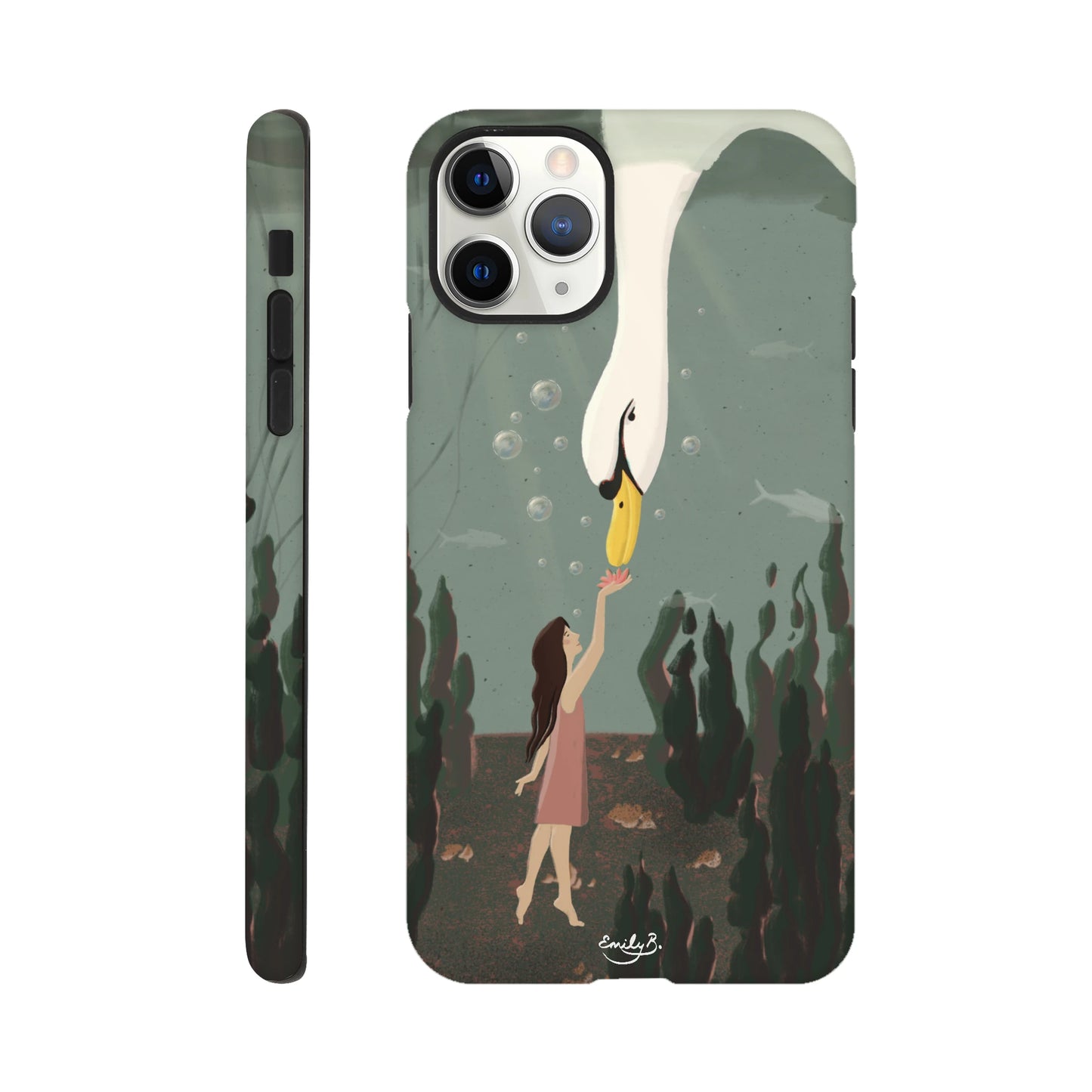 Swan underwater phone case with surreal illustrated design