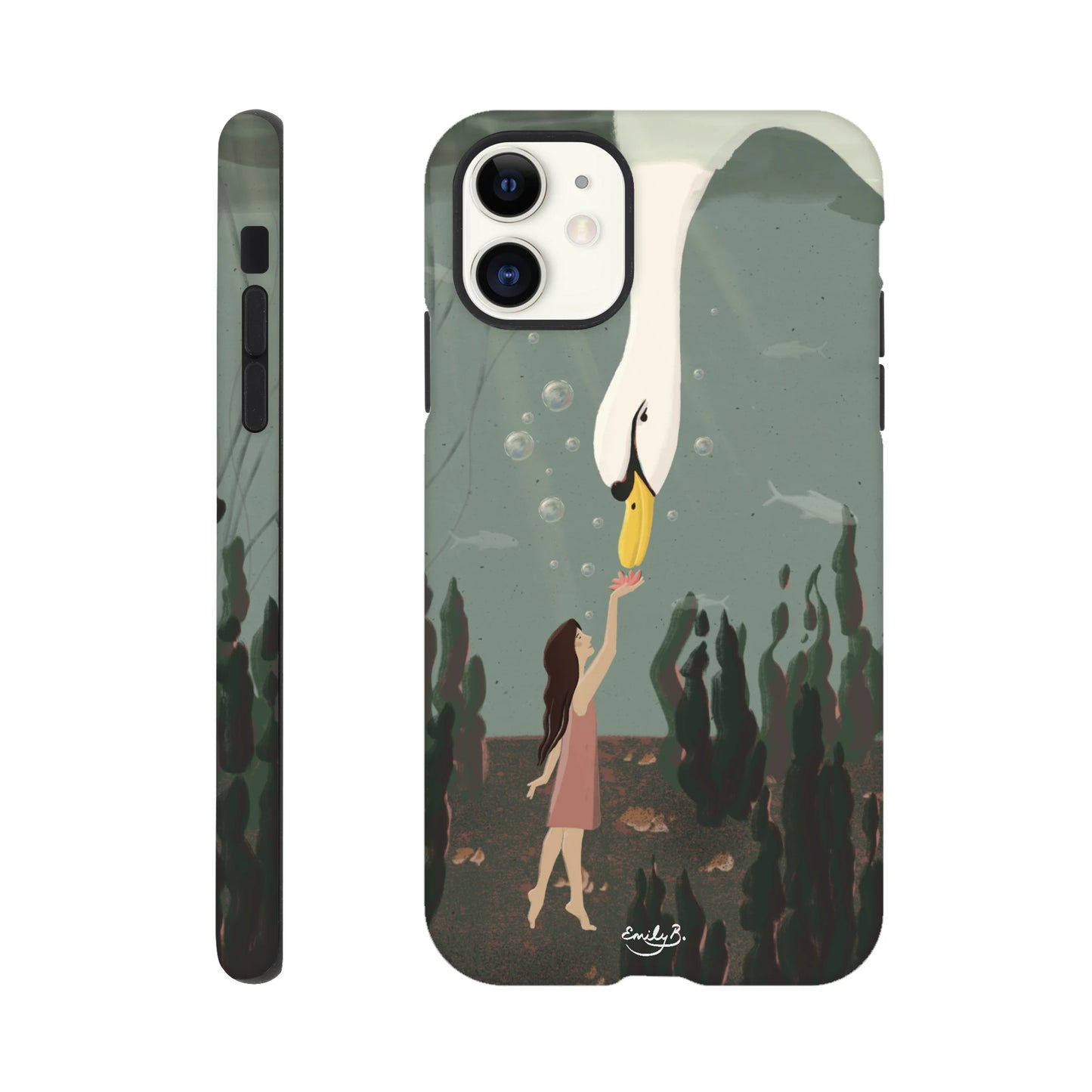 Artistic iPhone case featuring swan underwater illustration