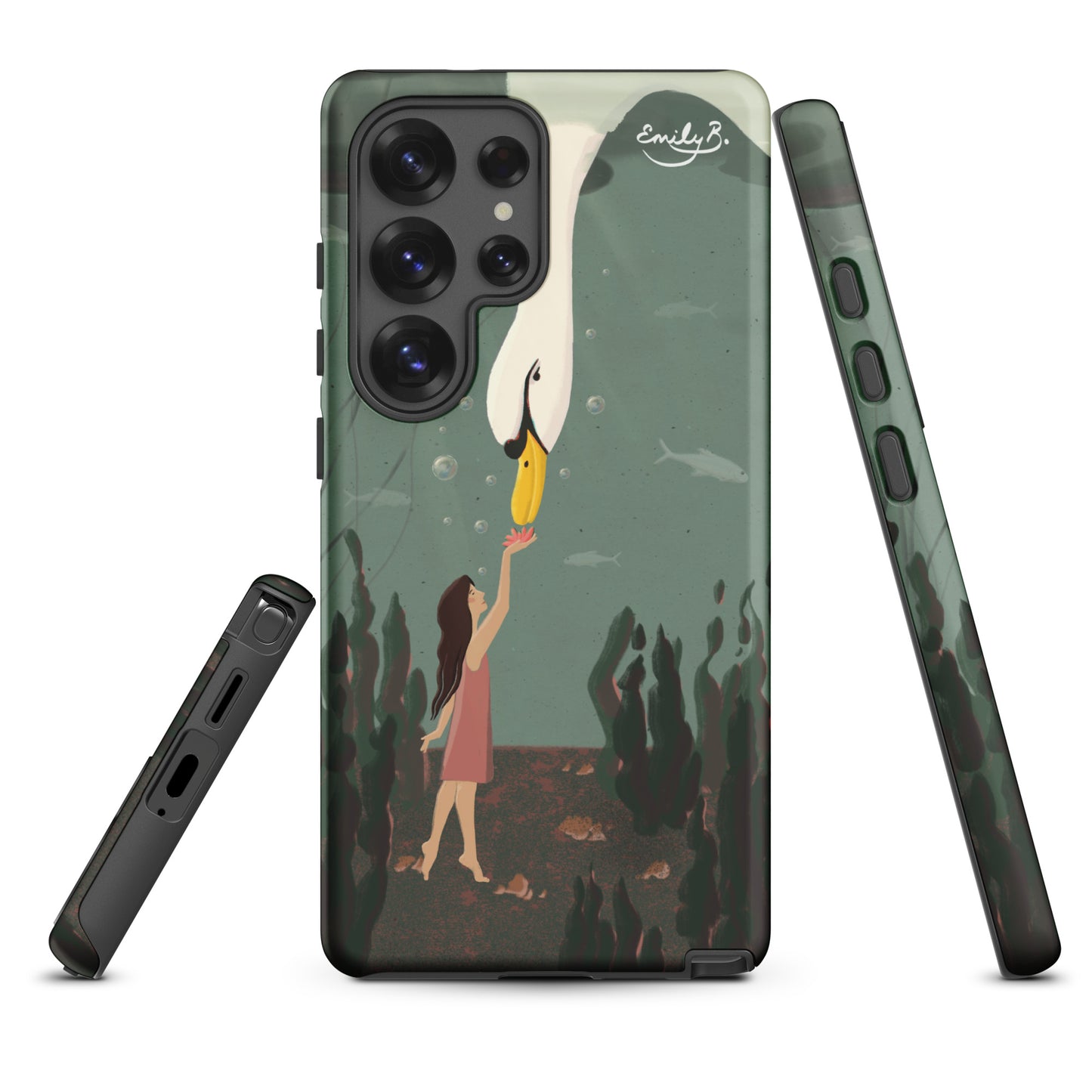 Phone case with a design of a woman and a swan on a white background