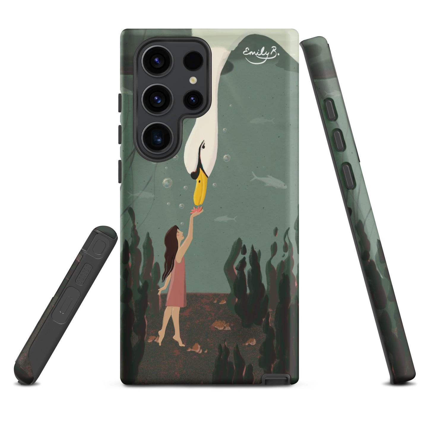 Illustrated Samsung case showing swan and girl beneath the water surface