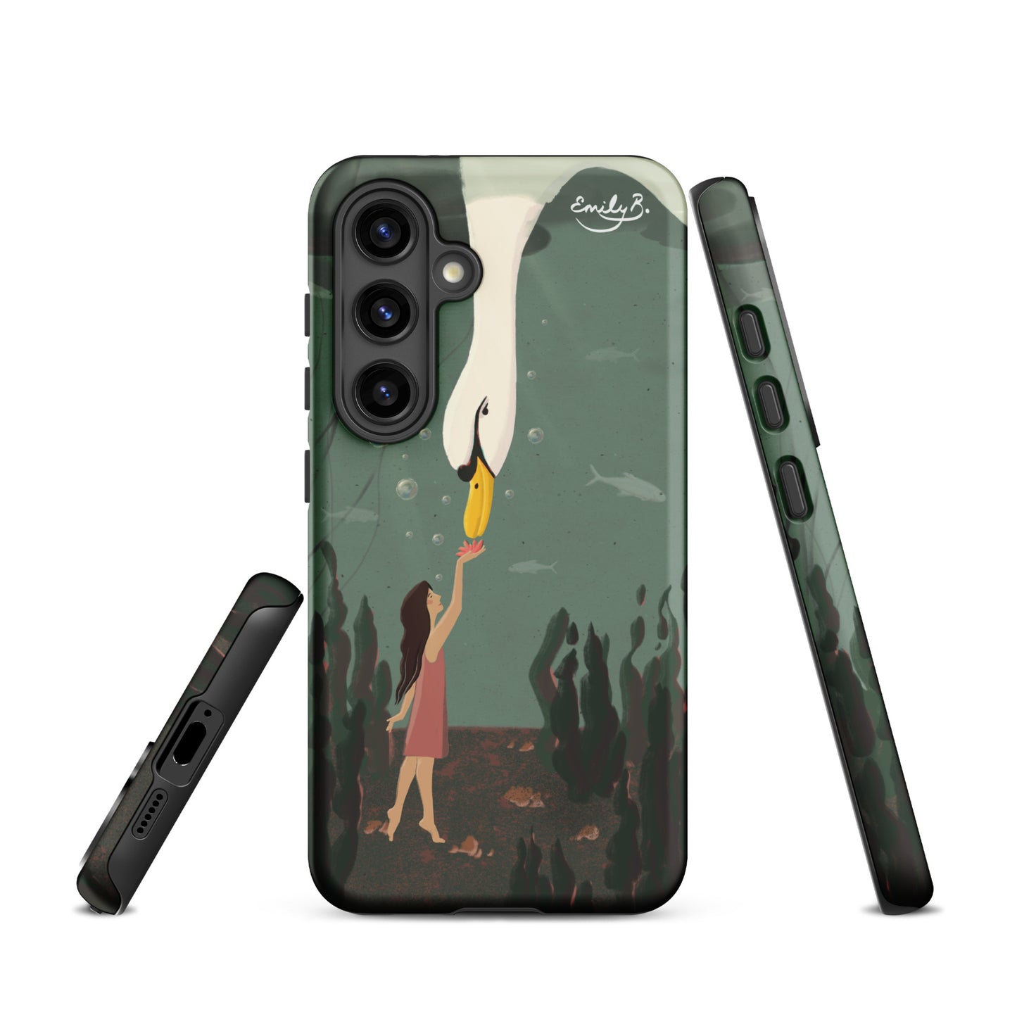 Illustrated Samsung case showing swan and girl beneath the water surface