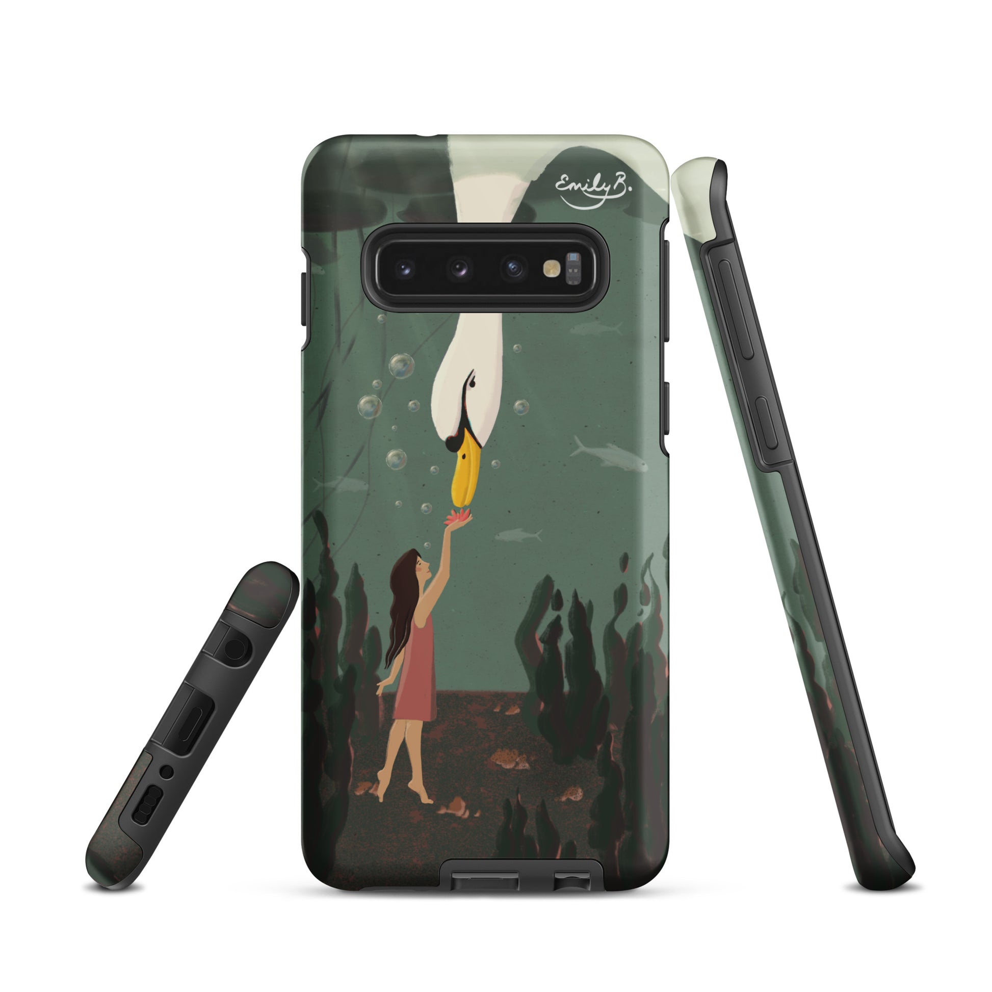 Phone case with a an illustration of an underwater woman feeding a swan, on a white background