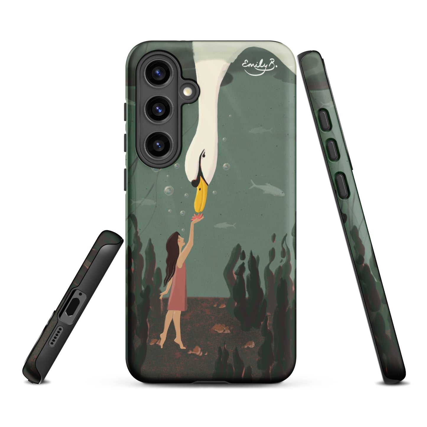 Illustrated Samsung case showing swan and girl beneath the water surface