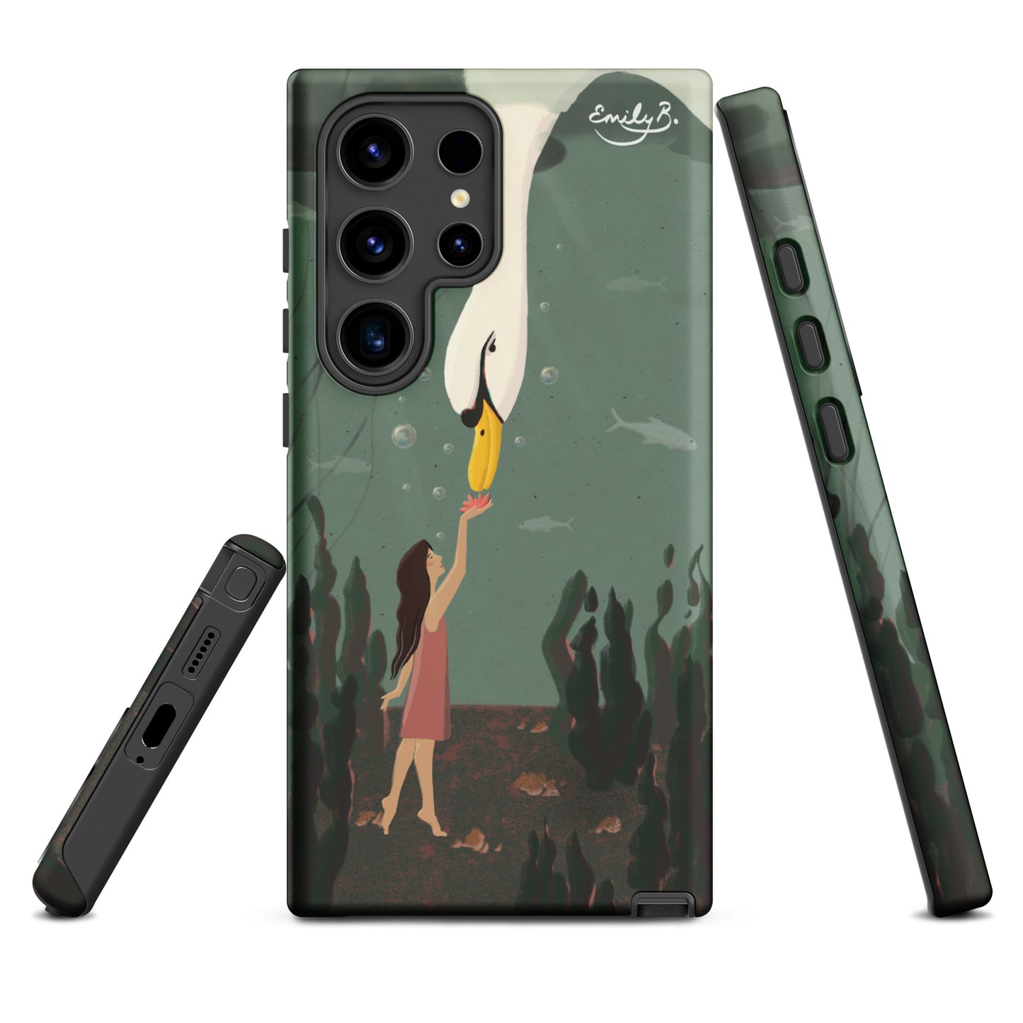 Illustrated Samsung case showing swan and girl beneath the water surface