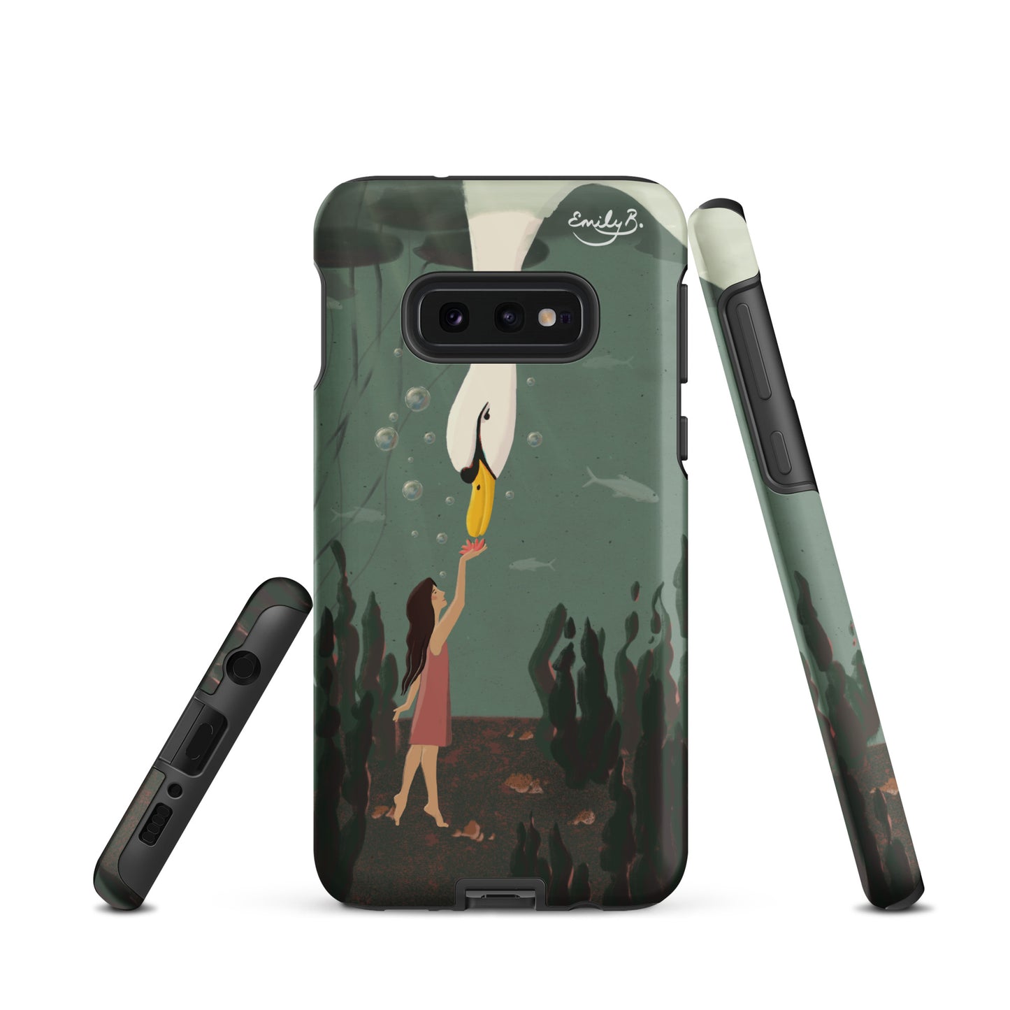 Phone case with artistic design of a woman and a swan, displayed on a white background.
