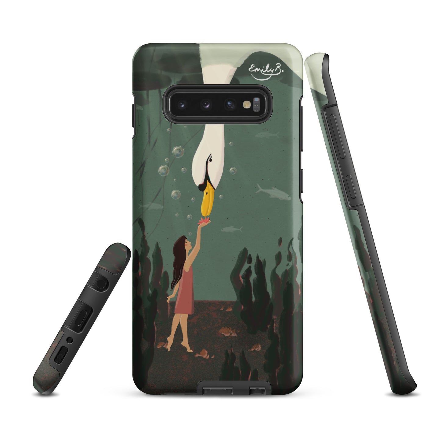 Phone case with an illustrator of a woman feeding an elegant swan on a green background