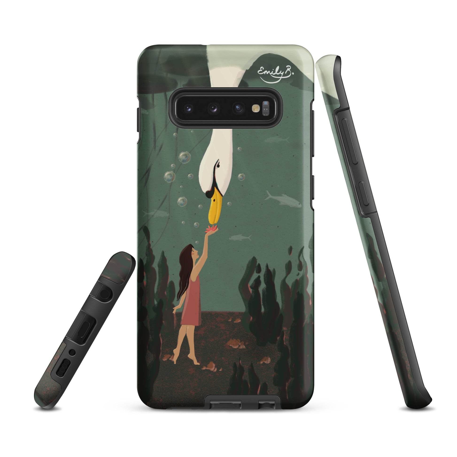 Phone case with an illustrator of a woman feeding an elegant swan on a green background