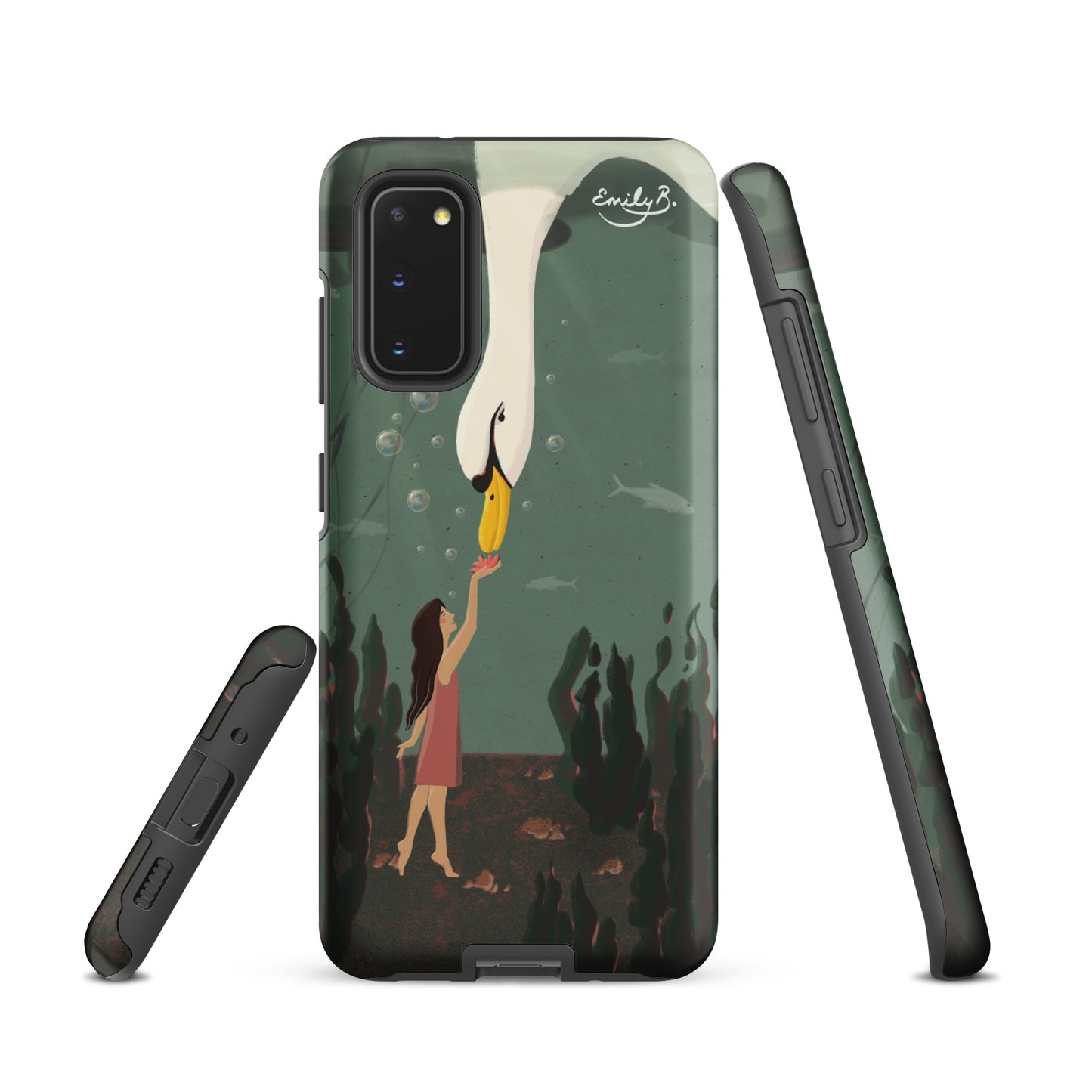 Three angled view of a samsung case featuring an artist’s illustration of a riverbed scene with a girl and a swan