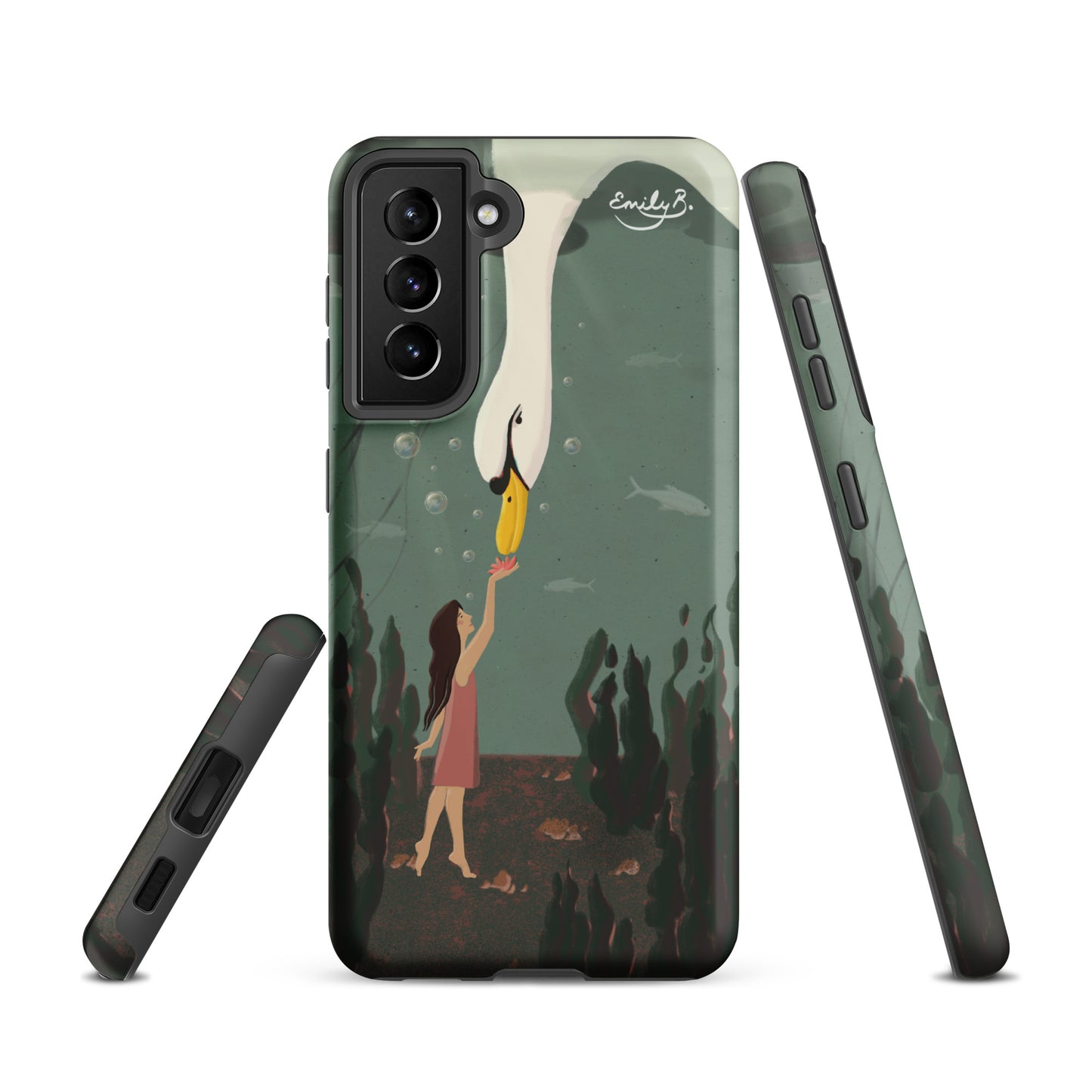 Swan Underwater illustrated Samsung phone case featuring a surreal swan and girl artwork
